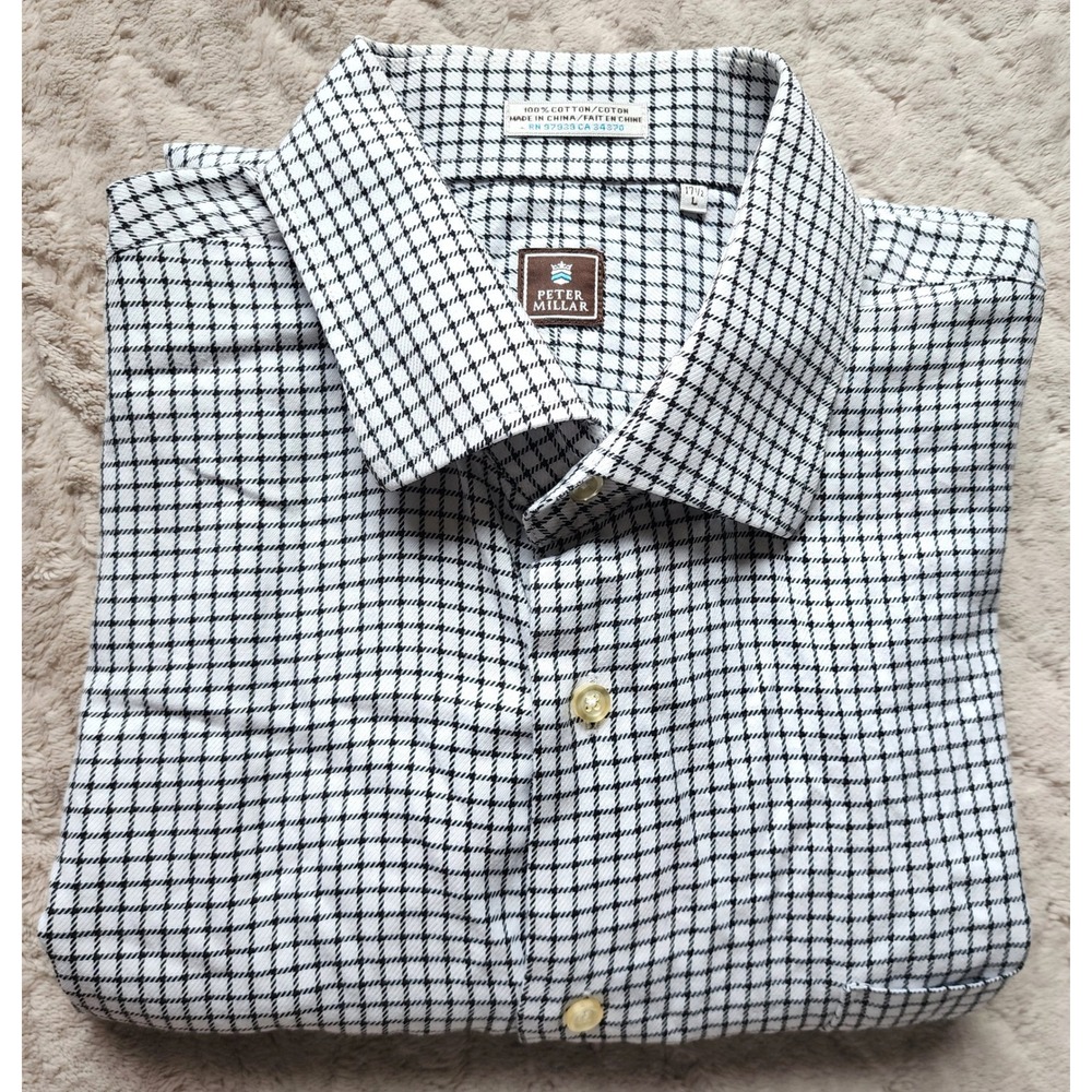 Peter Millar Mens Large Black White Check Cotton Button Down Shirt Large 17.5
